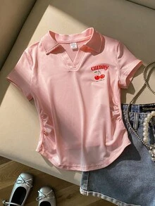 青少年女孩休闲樱桃印花褶皱 T 恤，夏季 - 淺粉色 - 查看 6