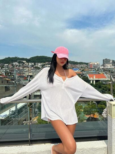 DAZY 纯色半扣落肩罩衫 夏季沙滩女装 度假装