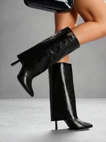 CUCCOO SZL 女士新款尖头细跟过膝黑色高跟靴，时尚性感中筒靴，适合秋冬 - 黑色 - 查看 2