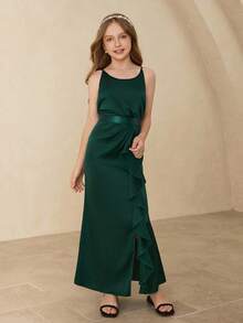Flower Girl Dress With Satin Halter Neck, Ruched Hem, High Slit And Ruffle Trim, Elegant For Wedding, Christmas, Halloween, Party, Graduation - Green - View 7
