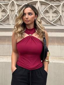 Jeta Ari Blusa sin mangas con cuello de pie y decoración de metal, blusa casual para ir y venir del trabajo y vacaciones de verano para mujeres - Burdeos - Ver 4