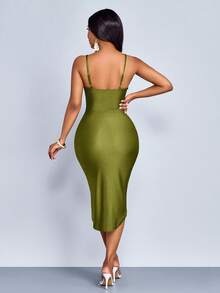 SOLERSUN 优雅女士前褶修身连衣裙，荷叶边装饰，中长连衣裙， - 綠色 - 查看 2