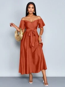 SOLERSUN Đầm nghỉ dưỡng trễ vai thanh lịch dành cho nữ, dáng ôm, phù hợp cho kỳ nghỉ, cuộc sống thường ngày và hẹn hò - Rỉ Nâu - Xem 3