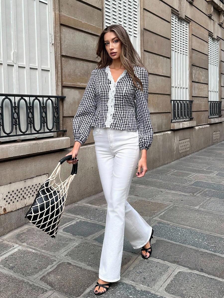 Pariaura 女式格子荷叶边系带泡泡袖衬衫 - 黑與白 - 查看 1