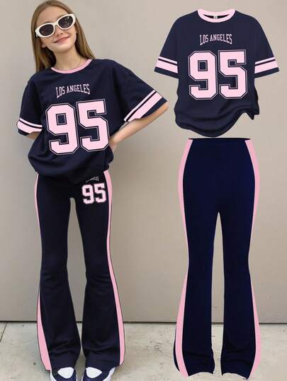 SHEIN Leap Crew 2 st. Tween-flickor, casual, lös passform, retro, college, marinblå och rosa, gatumod, Digit 95-tryck, randig färgblocks-, rund hals, kortärmad t-shirt och utsvängda byxor, lämplig för sommaren, höstkläder för enkel komfort, höstkläder i lager för flickor, snygga barnkläder, vardagskläder, grafiska flickkläder, tillbaka till skolan, höstkläder, hemkomst