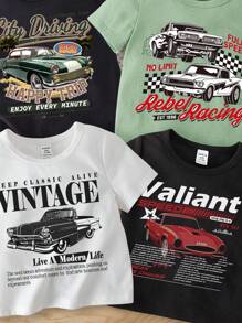 4件装赛车印花休闲圆领短袖上衣，适合男婴夏季穿着，款式包括：男婴图案T恤、男婴汽车T恤、男婴复古汽车T恤、男婴赛车T恤、男婴汽车服装。