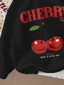 SHEIN Leap Crew 黑色复古樱桃图案少女休闲宽松卫衣，舒适长袖，适合秋冬季节穿着。 - 彩色 - 查看 4