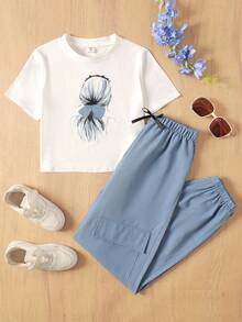 SHEIN 2 件套少女白色针织蝴蝶印花 T 恤和蓝色腰带蝴蝶结工装裤，适合居家、休闲、度假、午餐、音乐节、春夏季 - 藍色 - 查看 1