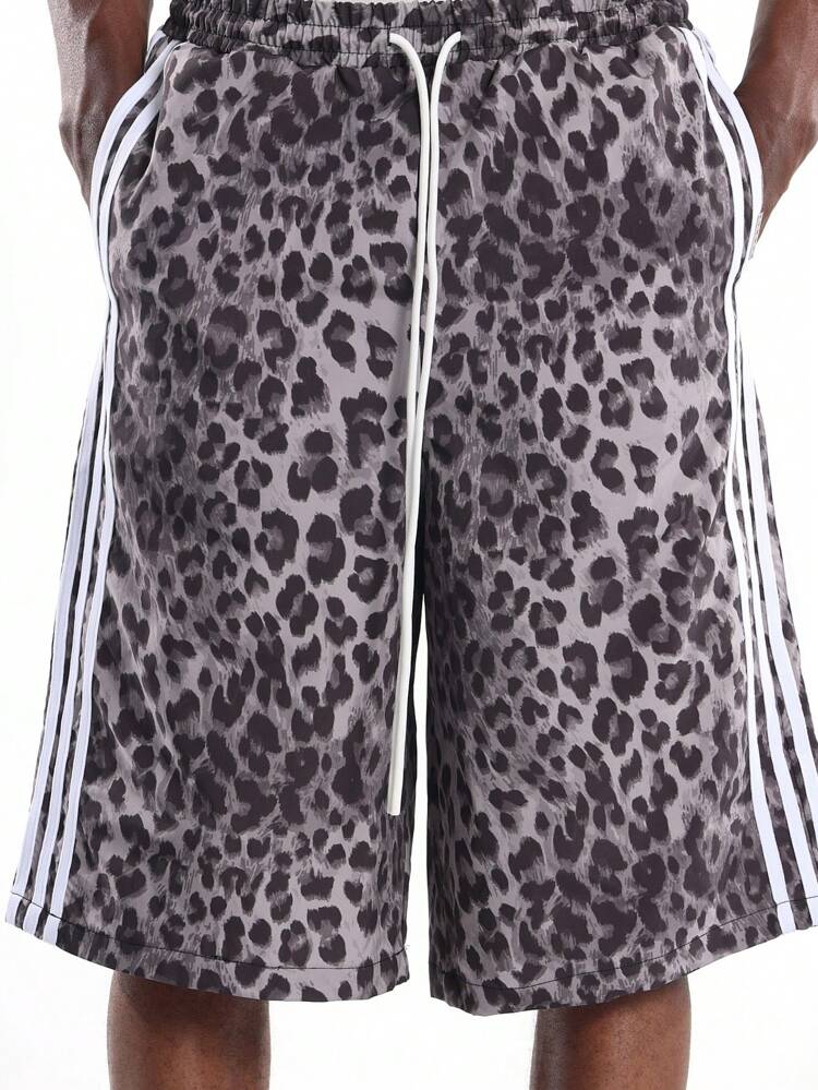 사이드 스트라이프 레오파드 프린트 농구 반바지