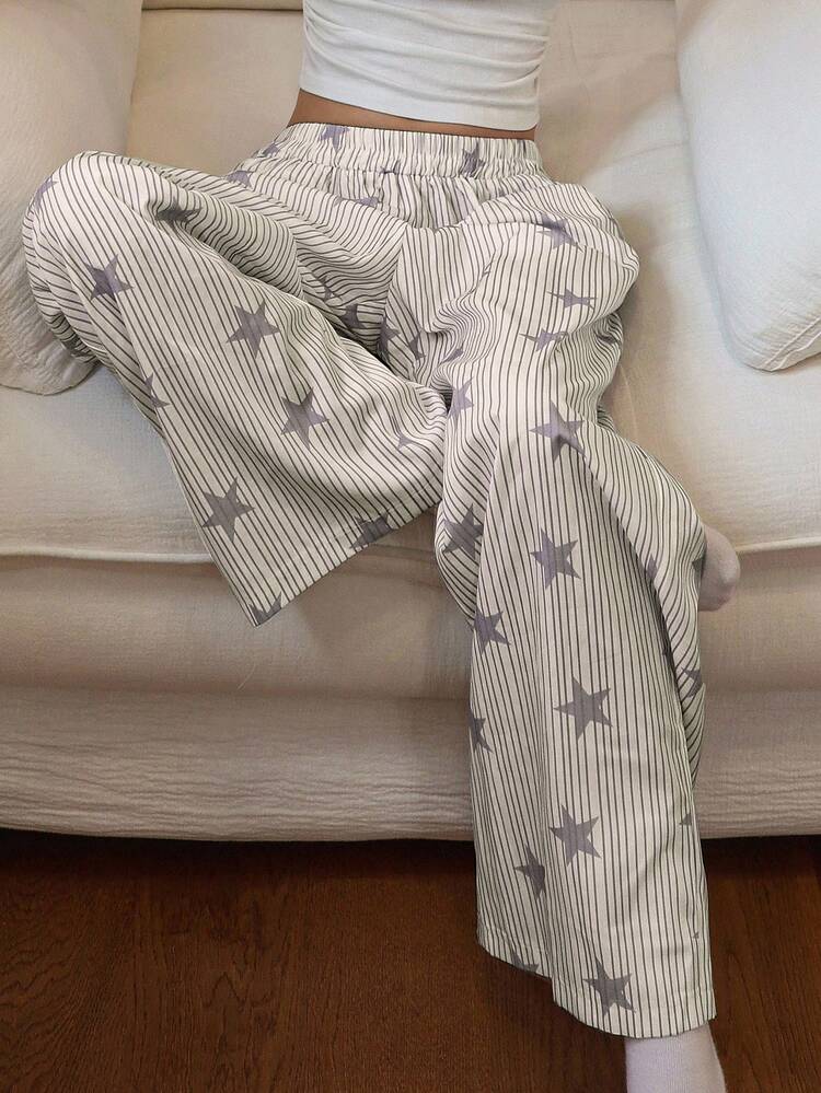 Striped & Star Print Loose Women Pajama Bottoms, Fall, Winter