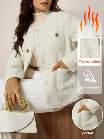 Zelara Plus Size Jacket, Fashionable And Elegant Tassel Edge Commuter Jacket, Round Neck Long Sleeve Exquisite Lady Style Jacket, Woven Textured Fabric, Four Pockets, Metal Button Decoration, Front Center Button, Upgraded Warmth Effect Women'S Autumn Clothing, Winter Jacket, Women'S Winter Clothing, Halloween Costume Women, Halloween Jacket, Business Professional Women, Business Casual Women, Elegant And Fashionable Commuter, Commuter Simple Office Old Style Jacket, Elegant Jacket, Waist Slim Jacket, Suitable For Daily Wear, Functional Pockets Fall