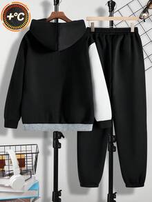 SHEIN 青少年男孩拼色文字刺繡連帽衛衣與運動長褲2件套，返校街頭風畢業秋季休閒運動服套裝 - 彩色 - 查看 4