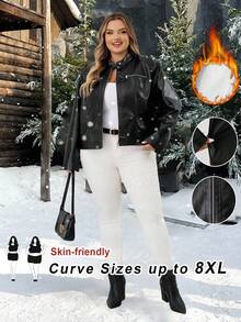 SHEIN CURVE+ 大码女式长袖 PU 皮革修身拉链夹克，带保暖衬里，大码女装 8xl 女装大码 8xl 皮夹克女式大码皮夹克冬季秋季秋冬 - 黑色 - 查看 9