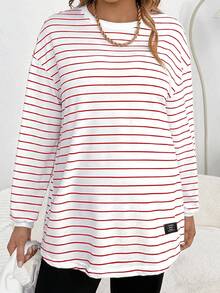 SHEIN 孕妇条纹落肩长袖宽松休闲T恤 - 紅白色 - 查看 3