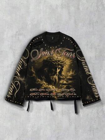 Street Life Camiseta de manga larga con cuello redondo para hombre, estilo vintage de calle con gráfico desgastado de santo
