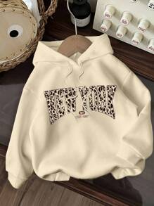SHEIN EZwear Casual Minimalist New York Leopard Print Pattern Hooded Long Sleeve Loose Fit Women Sweatshirt, Autumn/Winter,Fall - Apricot - View 1