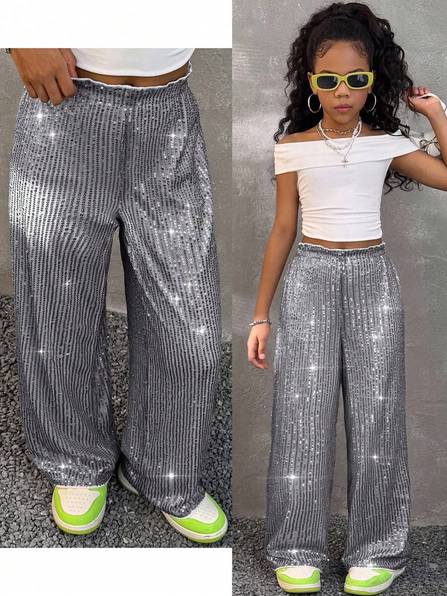 Coolane Tween Girls Fall/Winter Solid Color Patchwork Front Tie Casual Pants, Minimalist Style For Daily Wear,Back To School,Y2K ,Streetwear,Party