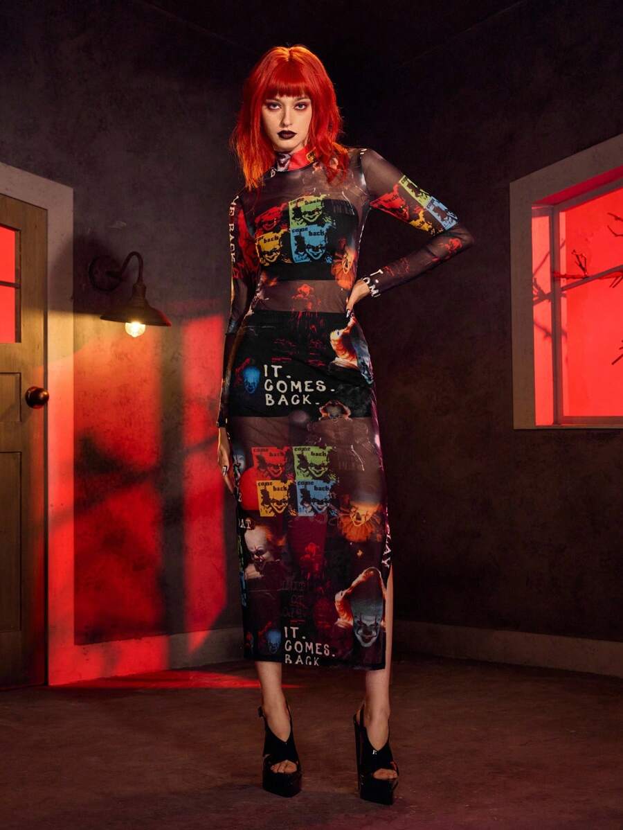 IT x SHEIN 女式字母与图案透视长袖连衣裙 - 黑色 - 查看 1