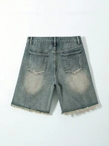 ROMWE MEN Street Life 男士夏季时尚水洗水钻磨边牛仔短裤 - 深色水洗藍 - 查看 3