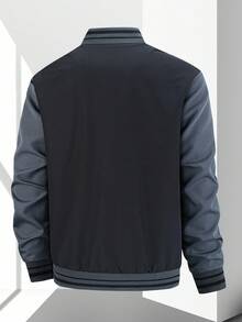Manfinity Homme 大码男士夹克，黑色和灰色拼色设计户外风衣棒球夹克，休闲开衫上衣，男士飞行员夹克，男士夹克，校队夹克，秋季 - 黑色 - 查看 2