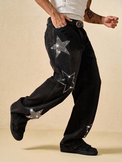 Street Life بنطلون جينز مزين بالراين ستون بشكل نجمة خماسية الأضلاع عصري