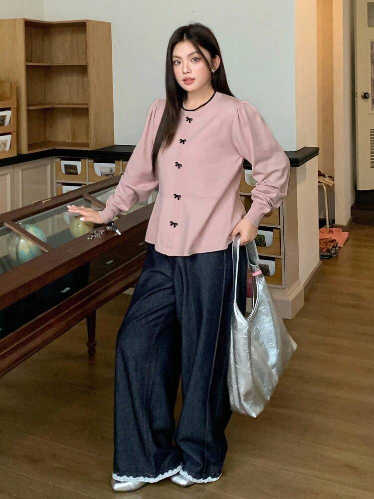 Dazy Plus Solid Color Round Neck Fitted Bow Button Decor Long Sleeve Casual Plus Size Women Pullover Sweater Fall