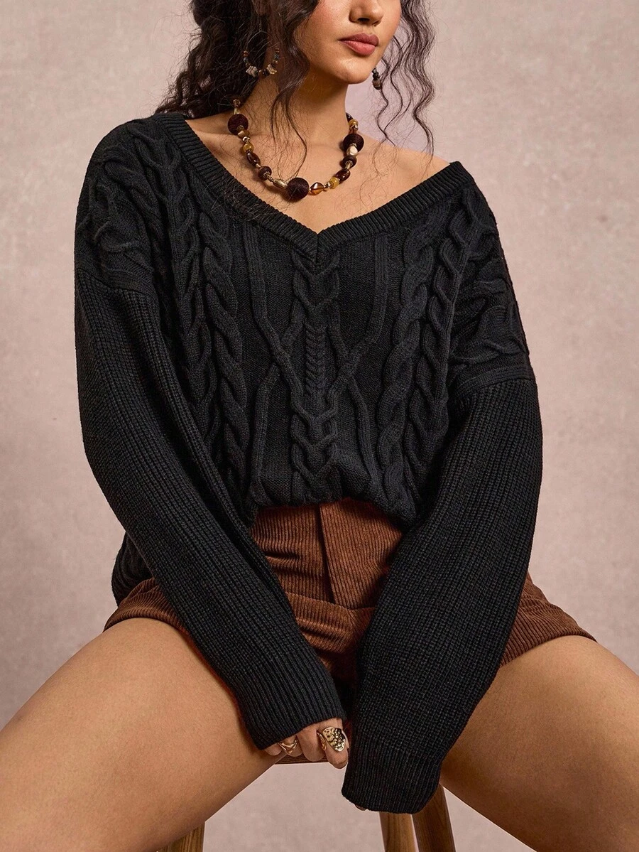 SHEIN VCAY Plus Size Women's Black Autumn Smart Casual V-Neck Cable Knit Sweater,Loose Dropped Shoulder Long Sleeve Pullover For Vacation,Daily Commute Basic - Black - View 1