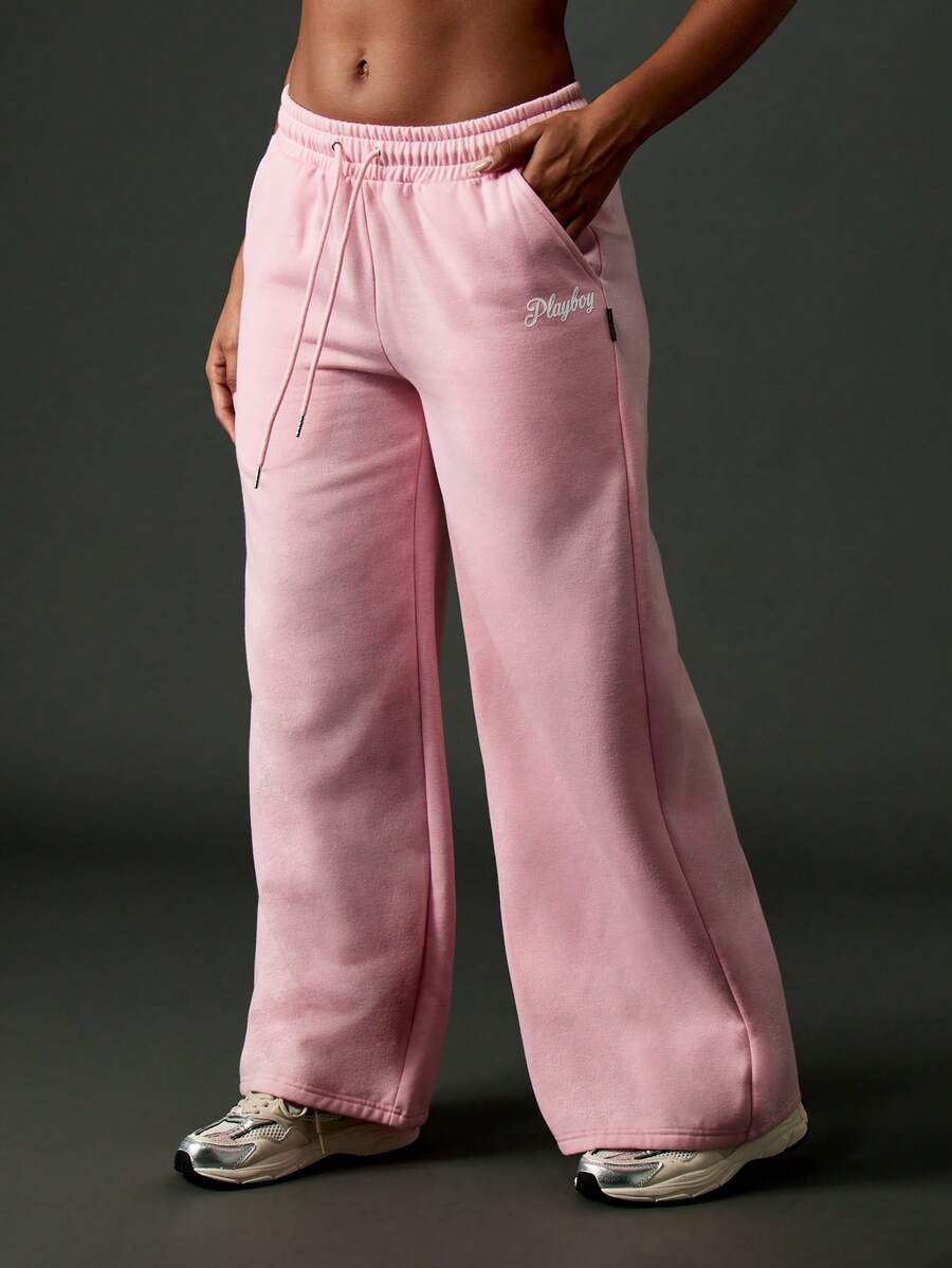 Missguided x Playboy 阔腿运动裤高腰抽绳家居服街头时尚羊毛绒冬秋季舒适休闲裤带标志设计 - 粉色 - 查看 1
