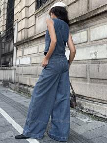 DAZY 女士休闲牛仔背心和裤子套装 - 藍色 - 查看 4