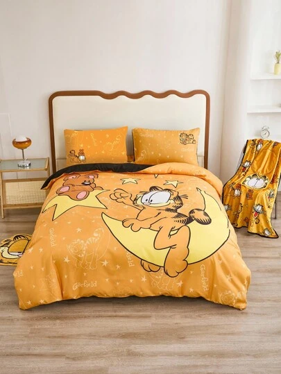 GARFIELD | SHEIN 3pc Cartoon Pattern Bedding Set,Suitable For Single Bed/Double Bed/Queen Bed/King Bed, Dormitory/Home