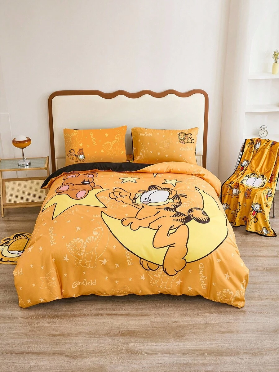 GARFIELD | SHEIN Juego de ropa de cama con estampado de dibujos animados - Amarillo - Ver 1