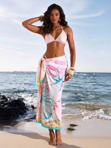 Opulessa Long Sheer Beach Cover-Up For Women With Vibrant Graphic Design And Knot Accent Beach Cover Up Sarong Coverup Long Cover Ups For Swimwear Beach Kimono Dress Beach, Sexy Club Outfits, Halloween, Christmas , New Year, Thanksgiving Outfits