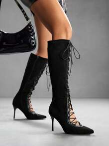 CUCCOO SZL 女士尖头细高跟黑色绒面革时尚靴子，适合派对和夜总会穿着，系带和侧拉链 - 黑色 - 查看 10
