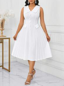 SHEIN Lady Women Summer Elegant White V-Neck Pleated Patchwork Midi Dress For Wedding Guest - White - View 4