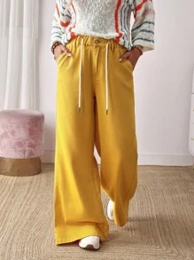 EMERY ROSE Women's Casual Solid Color Wide Leg Drawstring Waist Jeans - Yellow - View 5