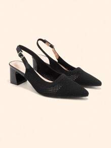 CUCCOO BASICS Damen Spitze Sexy Plateau Absatz Mittlerer Absatz Schwarze Strick Slingback Schnallengurt Atmungsaktive Frühlingssschuhe - Schwarz - Übersicht 3