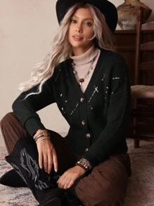 Cardigan casual feminino com lantejoulas e cor sólida, LanaWest - Preto - Ver 3