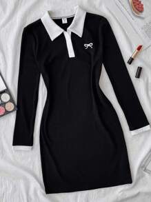 SHEIN Tween-Mädchen Schwarz-weißes, lässiges, personalisiertes Kleid mit Kontrastkragen, gerippten Strickknöpfen und enger Passform, langärmliges Sommerkleid mit Polokragen, Schmetterlingsstickerei - Schwarz und Weiss - Übersicht 3
