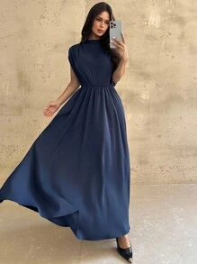 Firerie 女式海军蓝中式立领荷叶边无袖缎面长裙，优雅的女士日常通勤连衣裙，春/秋/冬，优雅，通勤，浪漫，约会，派对，婚礼季，毕业典礼，毕业舞会，表演服，音乐会，工作服，女士生日礼服，女教师装 - 藏蓝色 - 查看 8