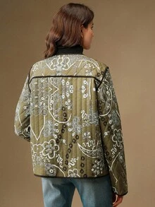 Anewsta 女士优雅腰果花印花绗缝长袖圆领棉服外套，冬季 - 軍綠色 - 查看 3