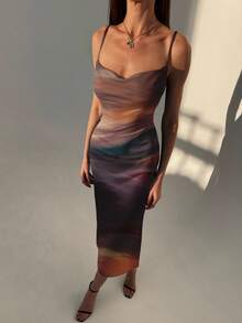 Aloruh Women's Elegant Tie-Dye Sleeveless Mid-Length Dress, Summer Chic Dress,Prom Dress - White - View 5