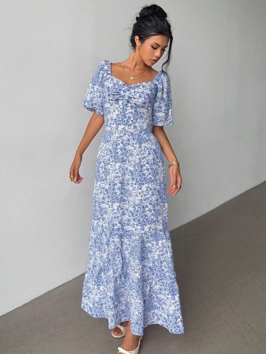 Elenzga 夏季短袖度假海滩音乐节粉色碎花长裙 - 藍色 - 查看 1