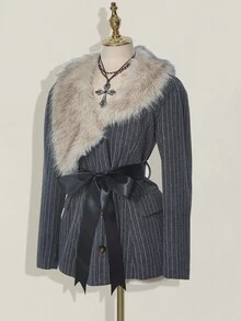 SHEIN ICON Chaqueta de mujer con cuello asimétrico de piel, parche de tela a rayas, cinturón, abrigo con cuello de piel, abrigo de raya de tiza, esponjoso y grueso para otoño/invierno - Gris Oscuro - Ver 3