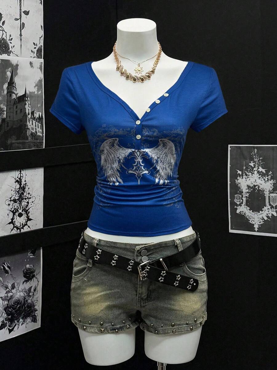 SHEIN Unity 女式透明印花V领部分纽扣前短袖T恤 - 彩色 - 查看 1