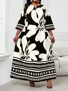 SHEIN Lady Vestido holgado de manga larga con cuello en V y estampado floral, estilo vacacional para mujer - Blanco y Negro - Ver 4