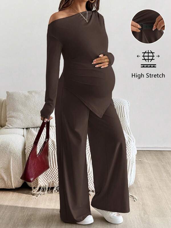 SHEIN 2pcs Maternity Casual Solid Asymmetric Top And Pants Set Pregnant Outfits Brown Maternity Two Piece Outfit Maternity Two Piece Sets Pregnancy Clothes Maternity Clothes Two Piece Suits