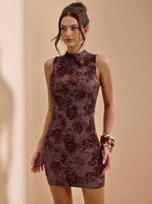 SHEIN BAE Vestido mini ajustado de manga corta con textura sólida marrón y flores 3D en relieve, vestido elegante de tubo, vestido de cóctel para fiesta, vestido con flores 3D