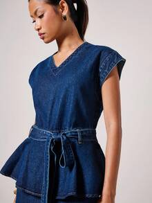 COSMINA Denim 女士优雅度假通勤无袖牛仔连体裤，适合日常穿着 - 藍色 - 查看 6