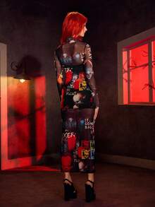IT x SHEIN 女式字母与图案透视长袖连衣裙 - 黑色 - 查看 2
