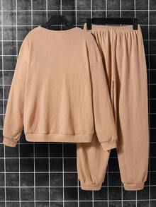 SHEIN 2 件套青少年男孩休闲简约字母提花宽松长袖运动衫和裤子套装，厚华夫格针织，适合秋季 - 杏色 - 查看 4